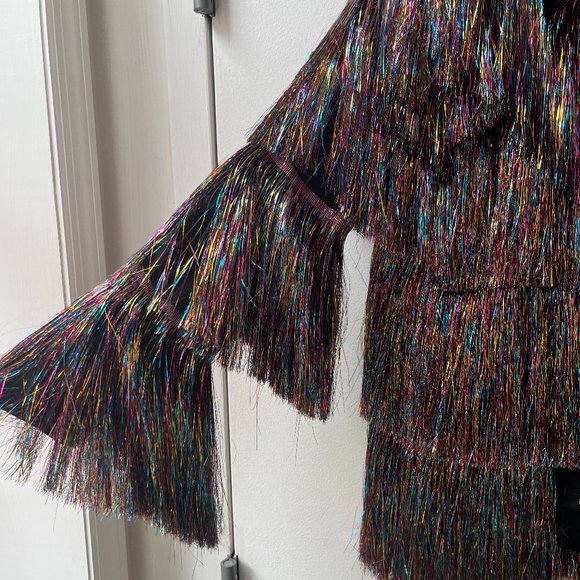 NWT Nasty Gal Metallic Tiered Tinsel Fringe Open Front Jacket - Picture 8 of 11